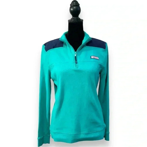 Vineyard Vines Women’s Shep Shirt Quarter Zip Long Sleeve Teal and Navy Top - Picture 1 of 16